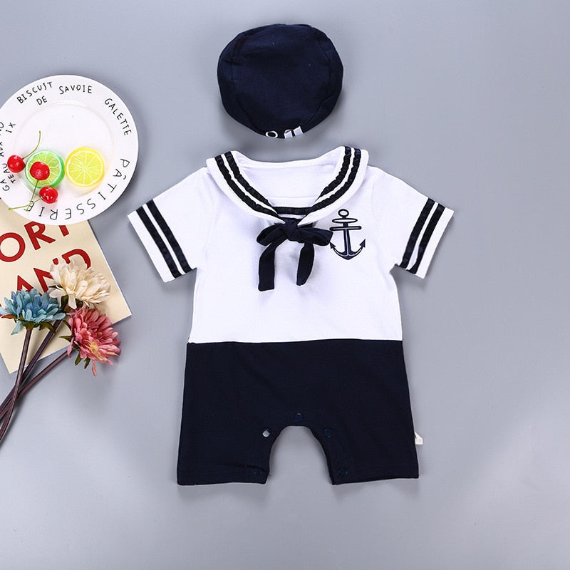 Sailor Collar Baby Boy Clothes White Baby Navy Hat Bodysuits Striped Sailor Shirt Relaxed Kids Naval Academy Summer Jumpsuits
